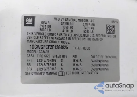 2015 Chevrolet Express 2500 Work Van из США, поврежденный, VIN 1GCWGFCF2F1284825